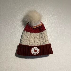 Texas Pom Pom Cable Knit Beanie - Red, Cream, Brown